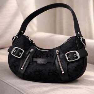 Vintage DKNY Black Monogram Buckle Hobo Bag Y2K